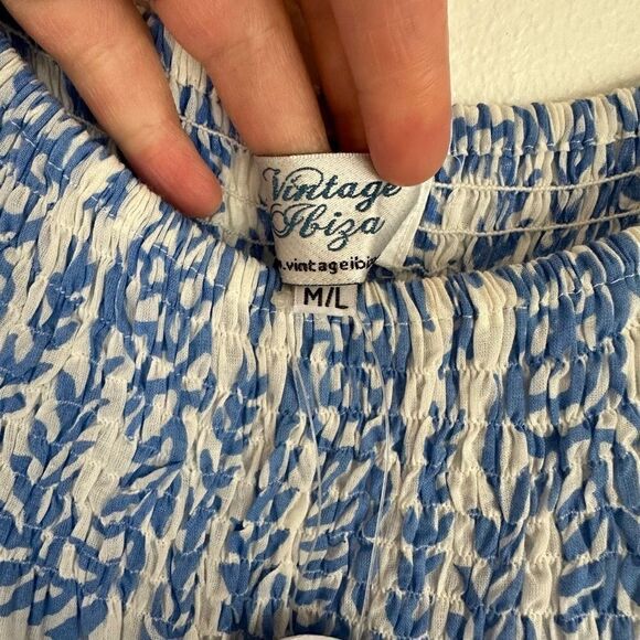 Vintage Ibiza Women’s Lightweight Cotton Blue and White Bobbin Off the Shoulder - Picture 10 of 12